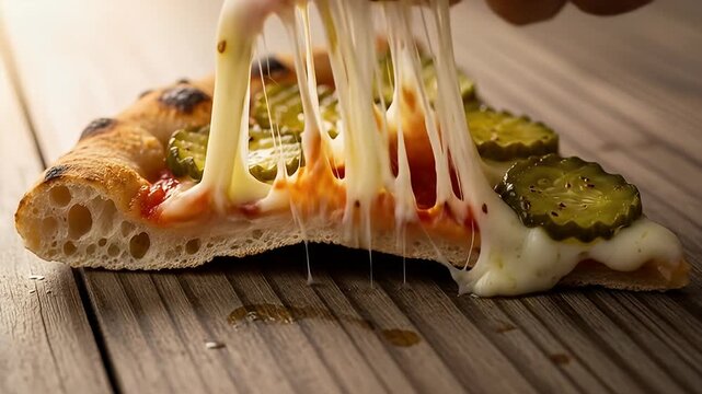 Hand places pickle on slice of pizza with melted cheese on a light brown wooden surface