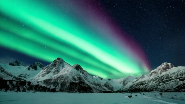 A green aurora borealis dances above snowy mountains under a starry, indigo night sky
