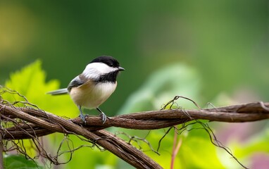 Obraz premium Curious Chickadee Perched on Twisted Vine Branch in Lush Green Setting