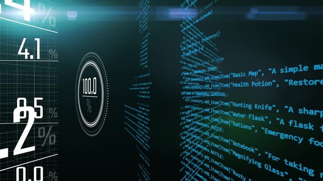 programming computer software coding with commands walls rotating. Modern digital backdrop with working on code language and information analyse