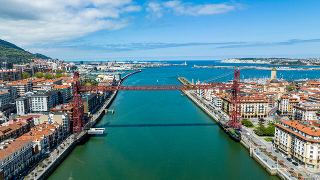 Aerial view of UNESCO Vizcaya Bridge and river in Bilbao Basque Country