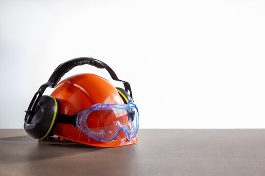 Personal protection equipment on the desk with copy space.