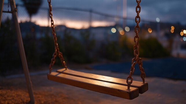 Empty swing set in urban playground at dusk, representing childhood trauma sites revisited during healing journey, perfect for trauma informed therapy, inner child work, and contemporary recovery