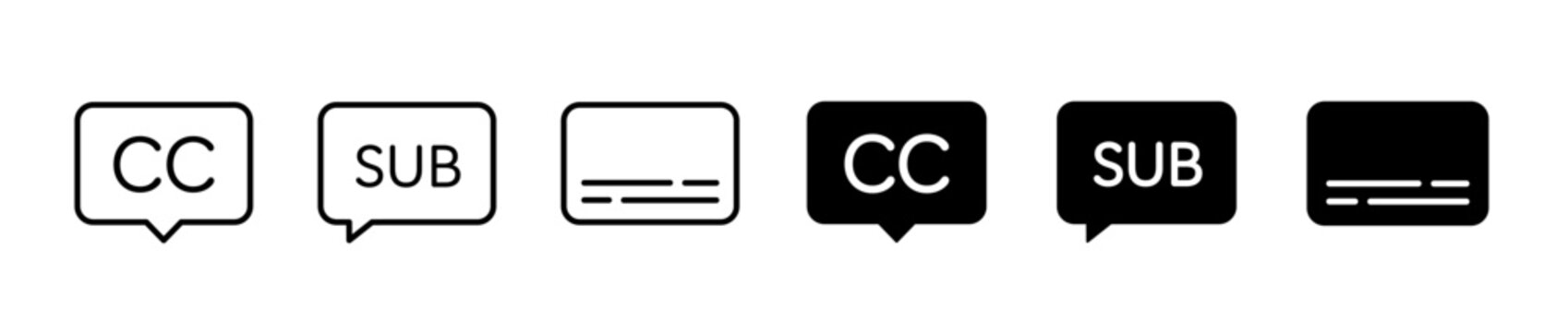 Video subtitle icon set. Subtitling button, closed caption text bubble symbol. Vector illustration. 