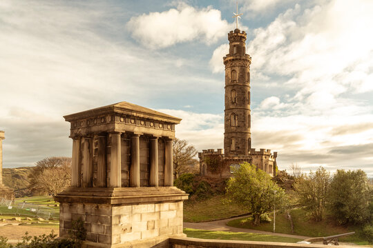 Nelson Monument and neoclassical architecture on Calton Hill in autumn Edinburgh