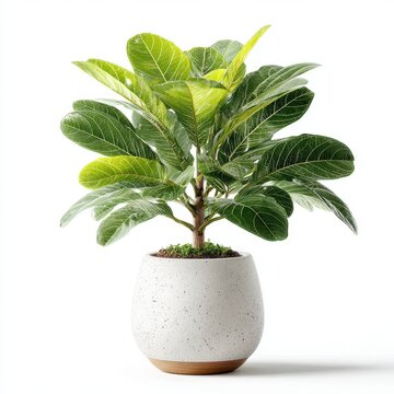 Ficus Audrey Plant in Modern Pot on White Background, Indoor Houseplant