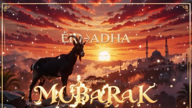 Majestic Eid al-Adha Mubarak sunset animation featuring a sacrificial goat, glowing typography, and a grand mosque landscape