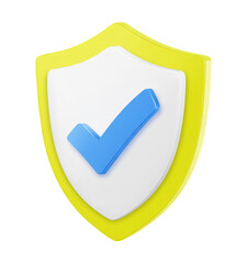 3D Blue Checkmark on White and Yellow Shield Representing Security and Verified Status
