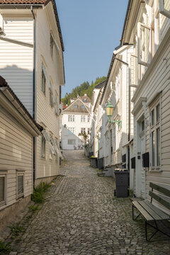 View of a cobblestone street lined with white wooden buildings and overflowing trash bins under a clear blue sky, Bergen, Vestland, Norway.