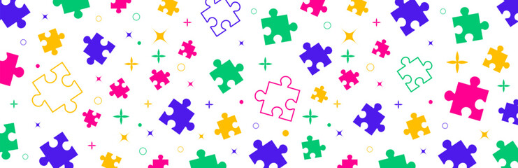 Naklejka premium Autism Awareness day or Autism Puzzle Pieces Seamless Pattern Background design. Vibrant Seamless Background of Colorful Puzzle Pieces, Stars, and Circles Promoting Neurodiversity, Inclusion