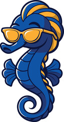 Naklejka premium Cool blue seahorse with sunglasses vector illustration flat design