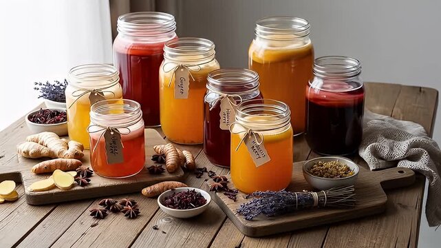 Rustic wooden table featuring jars of colorful liquids and natural ingredients