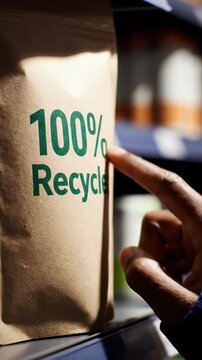 Hand holding a brown paper bag with 100 percent recycled label.