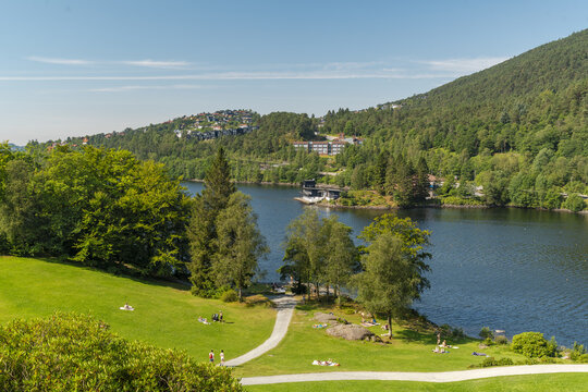 View of lush green hillsides meet the tranquil waters of a lake, dotted with buildings and framed by verdant trees under a vast blue sky, Bergen, Vestland, Norway.