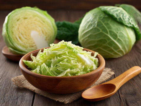 Sliced cabbage in wooden bowl with whole cabbages in background	