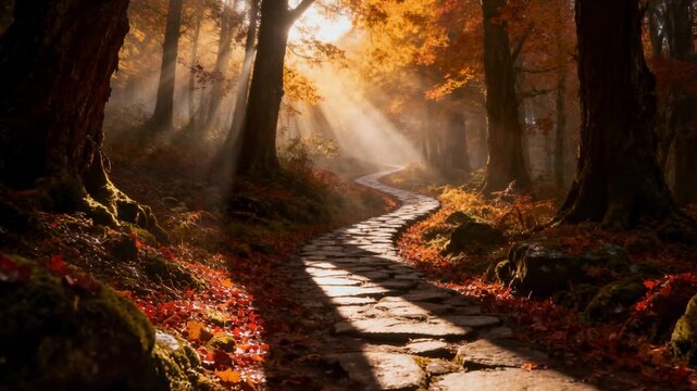 Camera moving forward along winding stone path, sunbeams rising, revealing moss and leaves for film