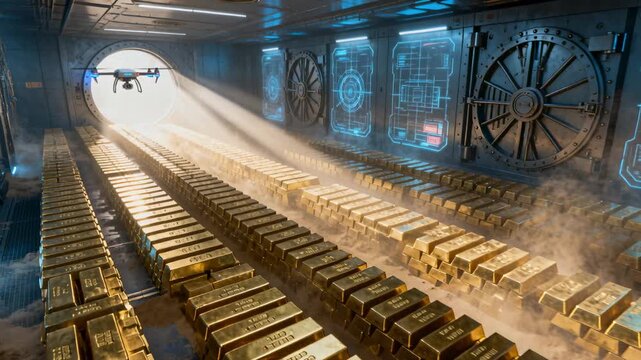 Entering through hatch triggered by beam, quadcopter drone scanning rows of gold bars for security
