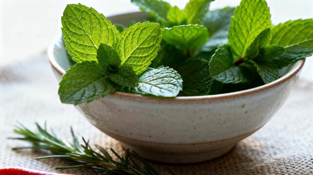 Moving camera tightening frame at start on counter, emphasizing bowl with mint, chili, rosemary