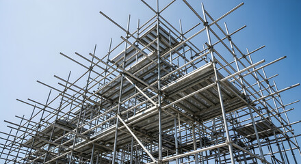 Fototapeta premium Massive metal scaffolding structure on a construction site against a clear blue sky