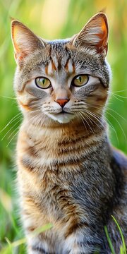 Enigmatic gaze of a tabby cat with captivating green eyes during a vibrant outdoor portrait session