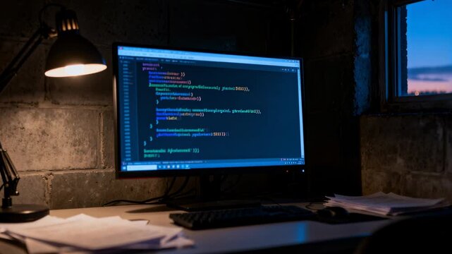 Showing monitor reacting to cursor movement, code editor updating selection in basement, with lamp