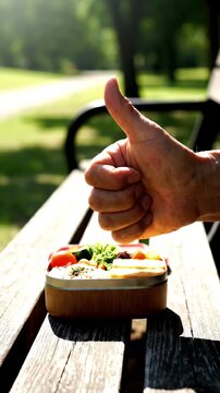 Person giving thumbs up to a meal on a wooden picnic table outdoors.