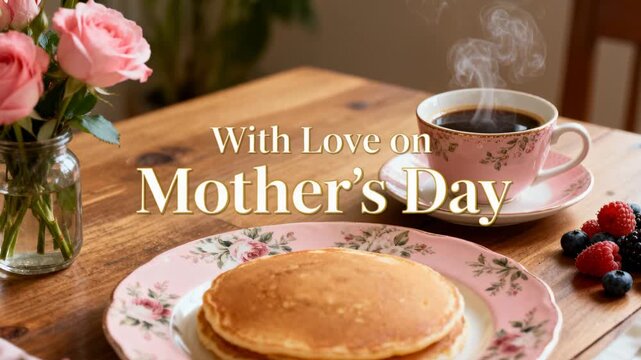 Showing two-pancake stack resting on floral china home table, hot coffee steaming in pink teacup