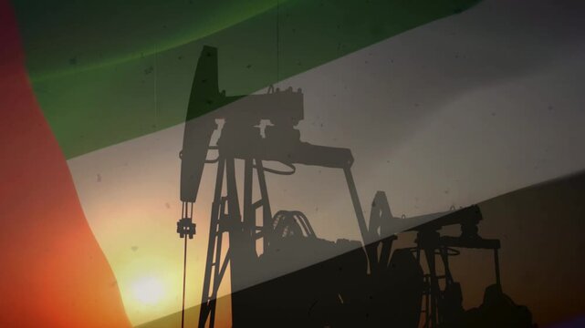 Oil pumps and rig with United Arab Emirates Waving Flag and Growing financial charts and diagrams showing increasing profits.