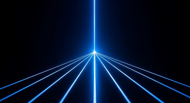 Bright blue light beams converge upwards from a central point against a black background