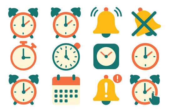 Alarm icon set vector illustration, classic ringing and silent alarm clocks, bell with sound waves, muted bell flat icons for notifications and reminders design.