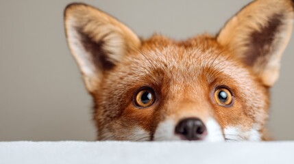 Fototapeta premium Fox looking over a surface with curious eyes in a soft light setting