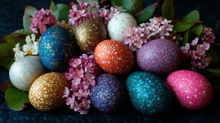 Obraz premium Colorful Easter eggs arranged with flowers and leaves on a dark surface