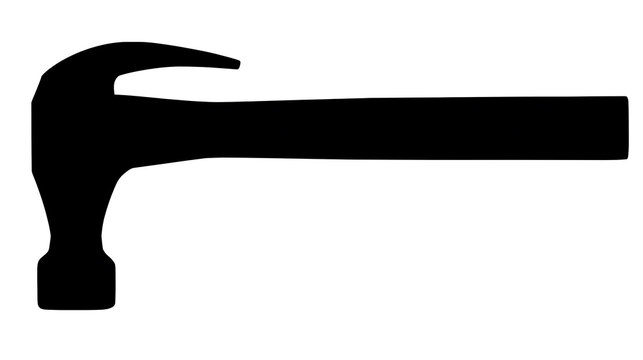 A close-up silhouette of a hammer, showcasing its classic design. Its head is curved with a claw, and the handle extends horizontally. 