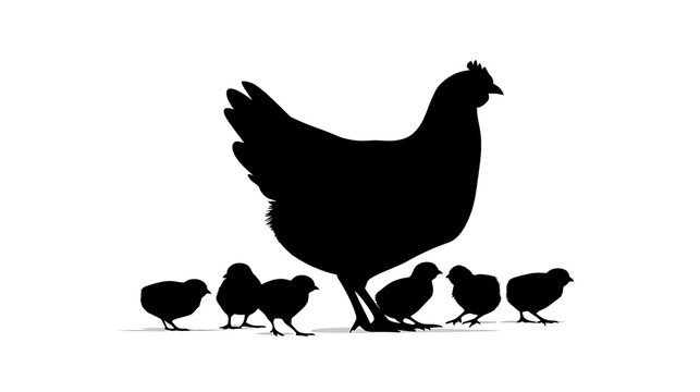 A silhouette of hen with her chicks, a symbol of motherhood and new life. This image portrays the hen protecting her chicks