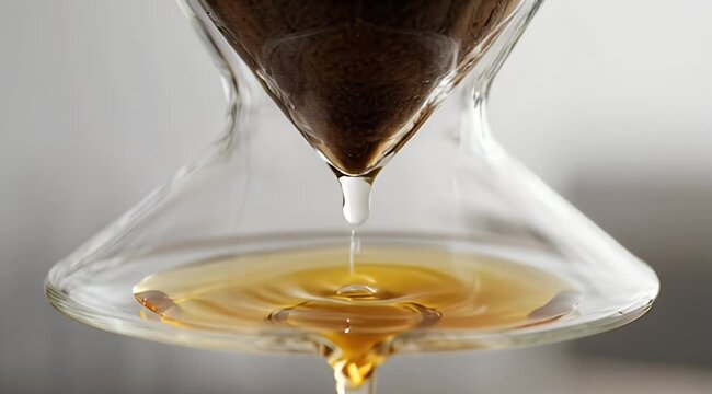 A drop of liquid falls from a glass funnel filled with dark granules