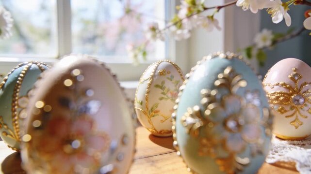Shifting camera lens moving focus across tabletop by window, highlighting ornate decorative eggs