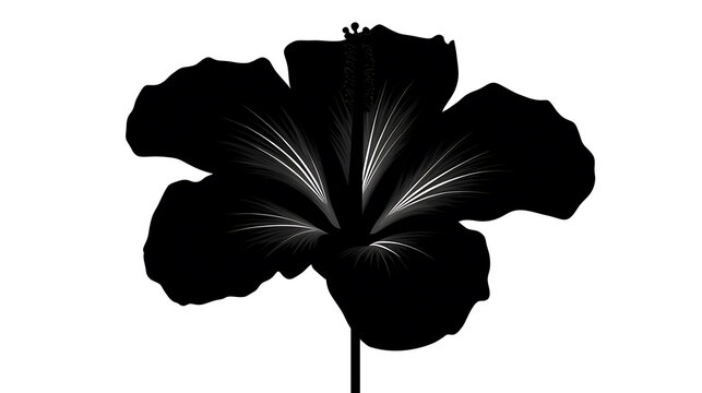A monochrome image of a hibiscus flower with a dark silhouette and highlights, the flower has a delicate, detailed structure