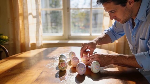 Arranging man in light blue shirt prompted by sun, picking and orienting pastel eggs, copy space