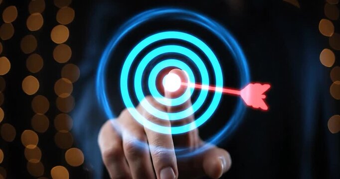 Digital target interface with arrow hitting bullseye and finger touch showing business goal achievement, marketing targeting strategy, KPI performance success and data driven corporate decision making