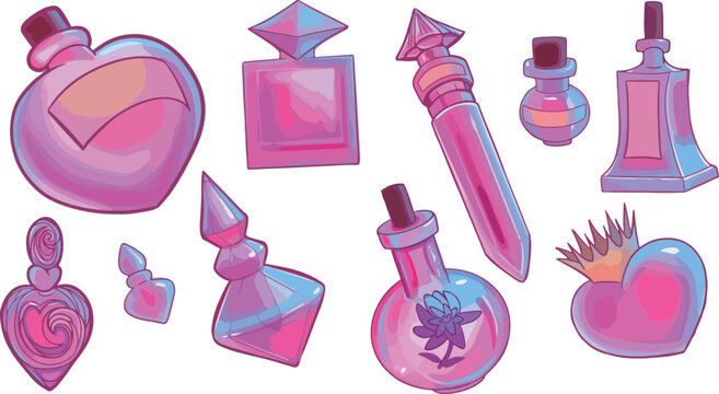 Game art perfume Luxury design ​​gold glass Bottle clipart icon computer mobile game Magic elixir health restoration witch sorcerer illustration Set of shine bottles colorful Vector design ui ux 
