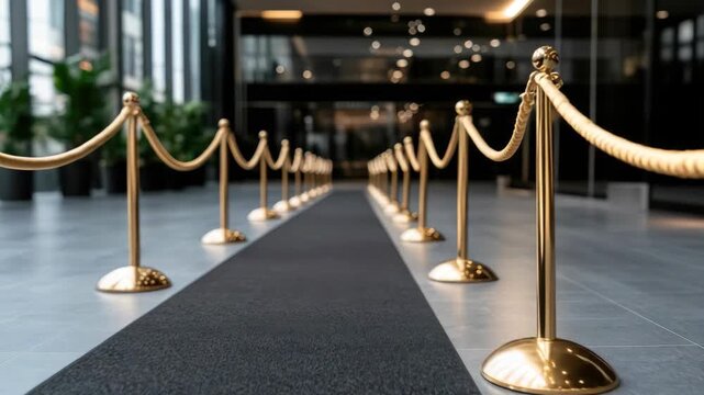 This shows a long red carpet with stanchions and ropes set up inside a modern building for an upcoming event