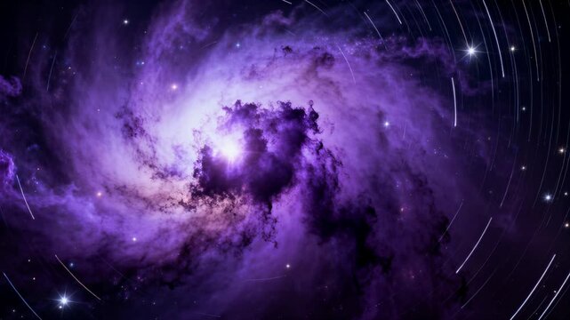 Rotating purple spiral nebula revealing core, dark lanes and arcing star trails during frame shift