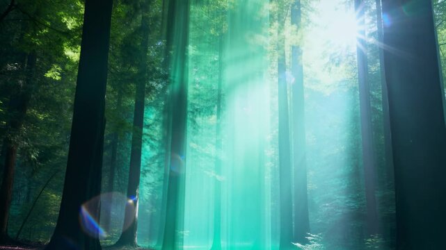 Streaming teal light shaft through conifer trunks, brightening forest floor as sunstar appearing