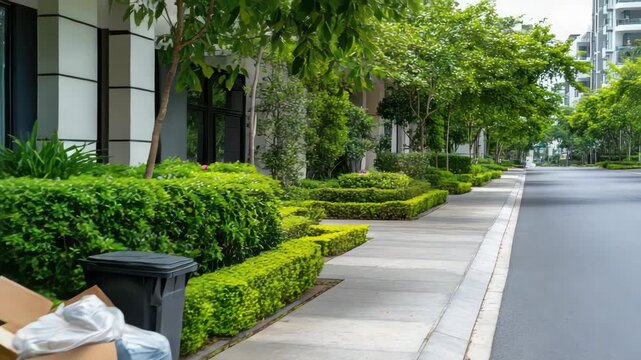 Several boxes and bags sit on the sidewalk next to trash bins amidst green plants and buildings in a city setting during daylight