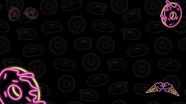 Donuts Neon Icon animation pattern background. Donuts Moving Background Pattern. Dynamic Animated Donuts Pattern.