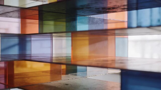 Shifting camera right and closer in studio, stacked translucent blocks revealing detail from window