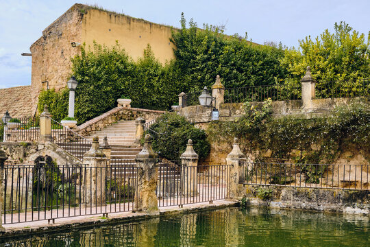 View of the Alcazar de los Reyes Cristianos's historic wall, with its lush gardens reflected in the tranquil pond, Cordoba, Andalusia, Spain.