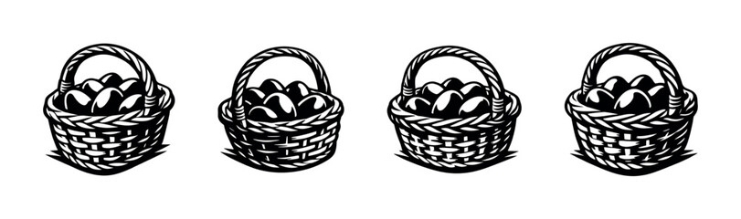 Monochrome vector illustration of wicker baskets with eggs in black and white silhouette