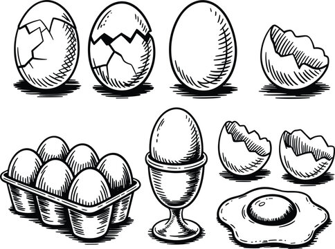 Hand drawn sketches of whole eggs, cracked eggshells and fried egg for organic farm food design
