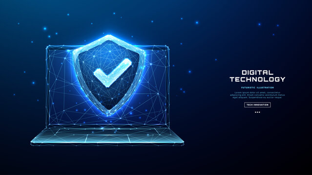 Cyber security or Data protection concept. Glowing blue shield with check mark on low poly wireframe laptop screen. Digital technology vector illustration. Computer tech background.